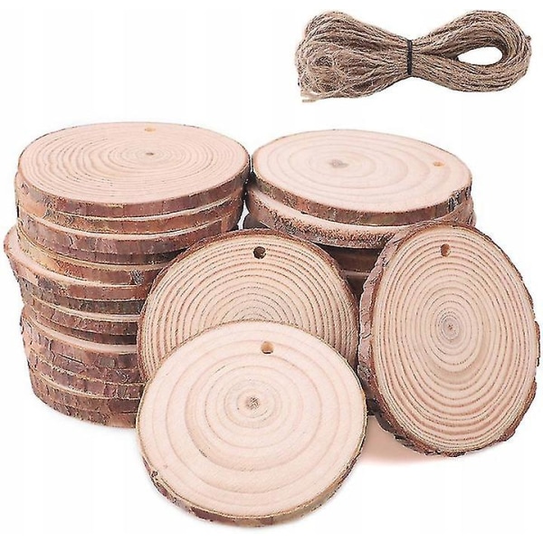 30 stycken träskivor 6 cm träskivor med hål och 10 meter jute rep Naturligt trä skivor trädeco trädskivor för hantverk för bröllop Centerpiec