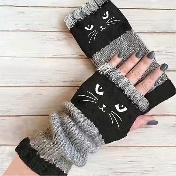 【BQ】Kat Splejsning Strikkede Handsker Strikkede Fingerløse Handsker Touch Screen Vinter Varme Patchwork Broderede Handsker cyan