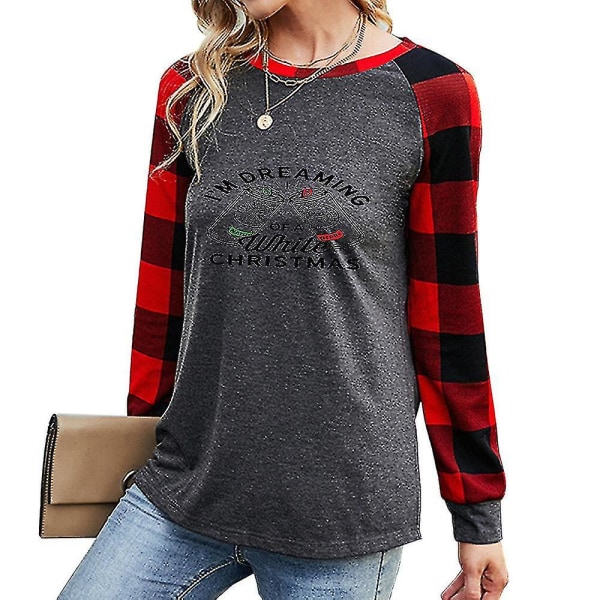 Hhcx-kvinder juletrykt langærmet bluse Plaid T-shirt Løse Tee Toppe Grey L