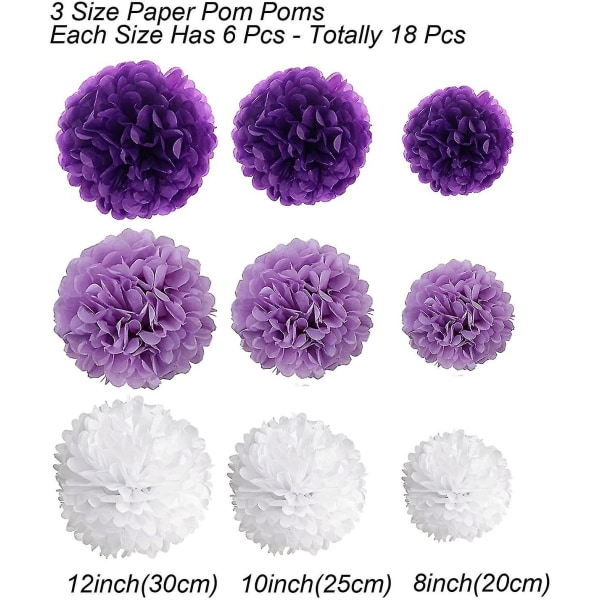 Pakkauksessa 18, Sinisiä Pom Poms -kukkia, koristepaperipakkaus juhliin purple
