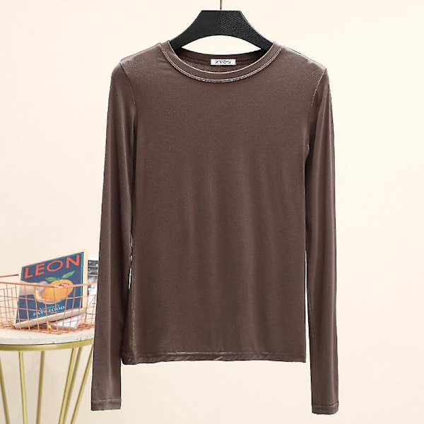 Basic T-shirt O-hals långärmad Kvinnor Höst Bottom T-tröjor All Match T-shirt Plus Size Undertröja L kaffe L coffee