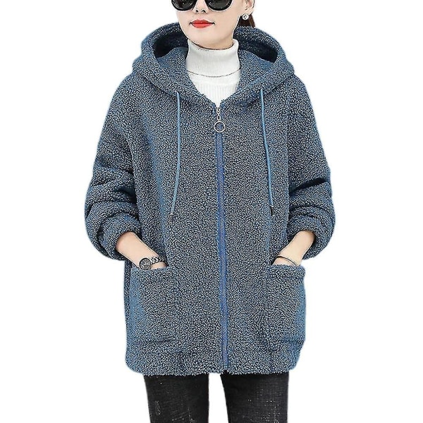 Hhcx-women&#39;s Teddy Bear Zip Up Coat Fluffy Jacket Winter Warm Hoodie Outwear Blue XL