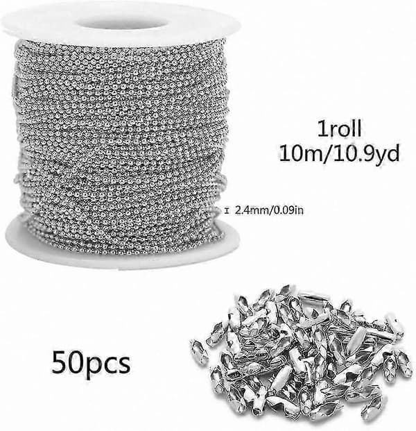 【BQ】10 meter rustfri stålkuglekæde med 50 forbindere, 2,4 mm sølv rullekæde til halskæde og ventilator