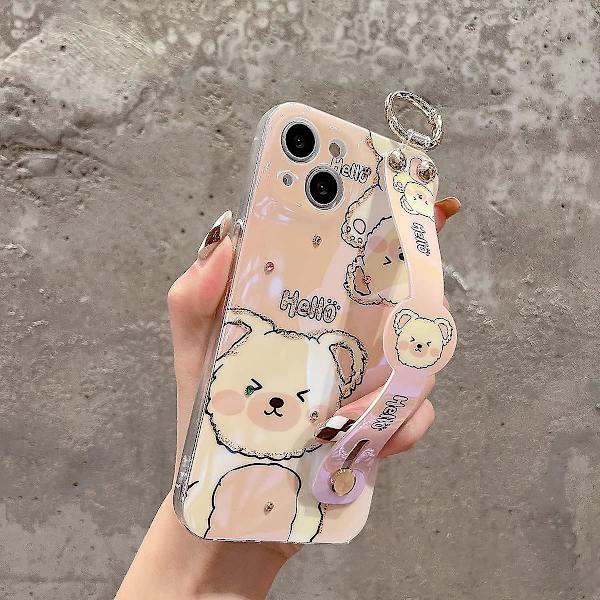 Iphone 13 Fodral Söt Med handledsrem Kickstand Glitter Bling Tecknad Imd Soft Tpu Stötsäkert Skyddsfodral Skal for tjejer og kvinder - rosa björn