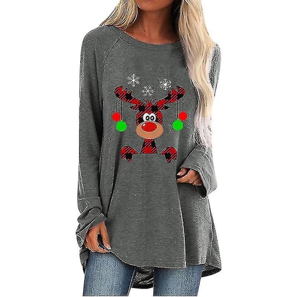 Hhcx-christmas Xmas Reindeer Print Women T-shirt Blouse Longline Top Grey L