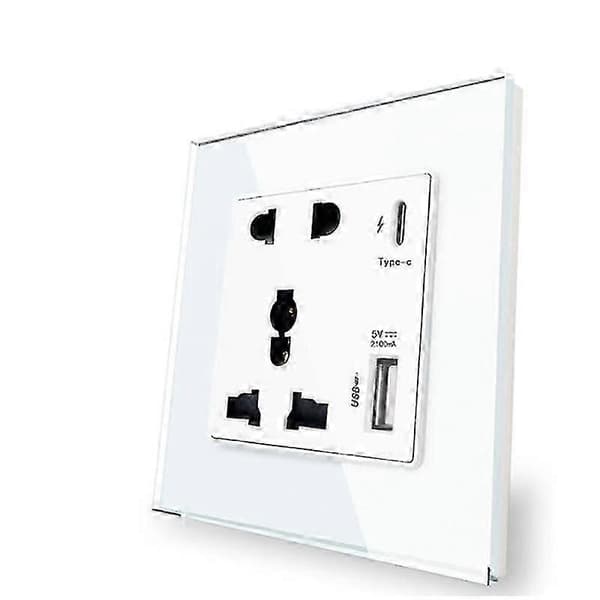 Strøm 2100ma USB-stik Krystalglaspanel 13a Stikkontakt med Type C-interface - WK White 1PC