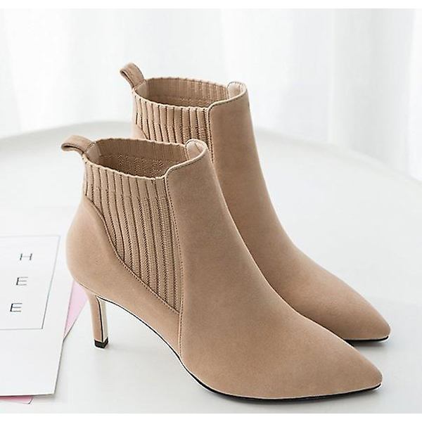 Damstövlar Ankelkorta stövlar Flock spetsad tå 7 cm tunna klackar Vinterstövlar Dam Ull Elastisk Slip On Kvinnor Högklackade stövlar 40 aprikos 40 apricot
