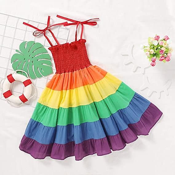 【BQ】Jenter Regnbuekjole Småbarn Prinsesse Ermeløs Halter Beach 130cm