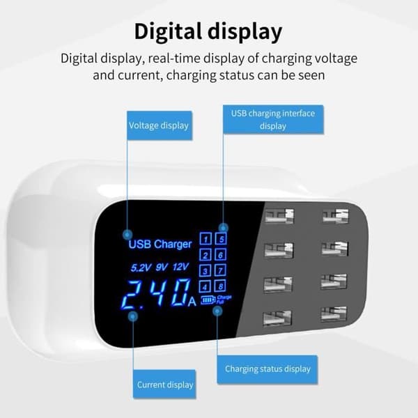 Universell Smart USB-lader med 8 USB-utganger, hurtigladeomformer, skjermdisplayladeradapter
