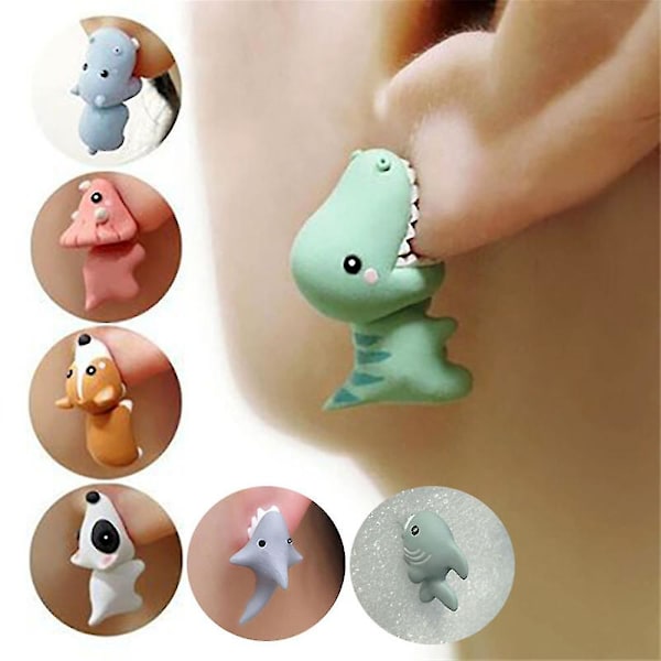 6 Pairscute Animal Bite Øreringe 3d Clay øreringe Dinosaur øreringe
