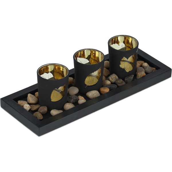 Värmeljushållare set med bricka & stenar, 30 cm lång bordsdekoration
