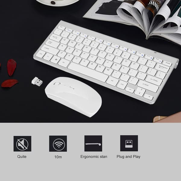 Trådløst tastatur og musesæt til stationær bærbar computer - slank design (sølv)