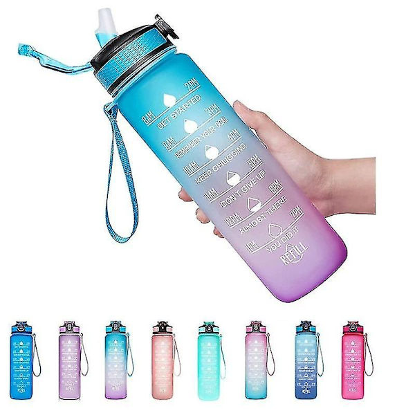 1l Bärbar vattenflaska med stor kapacitet Motiverande dryckesflaska med tidsmarkeringar Bpa Free Sports Gym blue purple