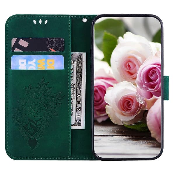 【BQ】Etui til Samsung Galaxy A41 med sommerfugle-rosepræget læder Green