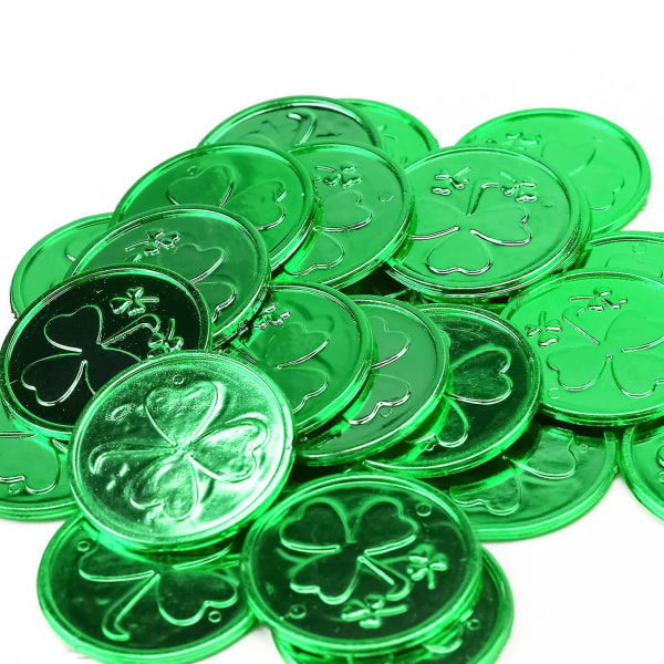 100 stk. St. Patrick's Day Shamrock-mønter, Shining Lucky Plastic Coin 4-bladskløver Irske St. Patrick's Day-mønter Green
