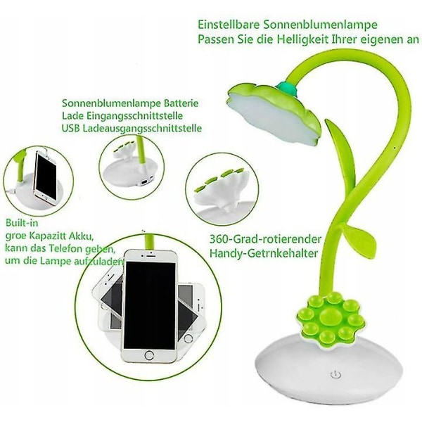 Dæmpbar grøn led bordlampe til børn, sengelampe med berøringssensor, fleksibel læselampe, der kan oplades via usb og 360 graders roterende Mobi