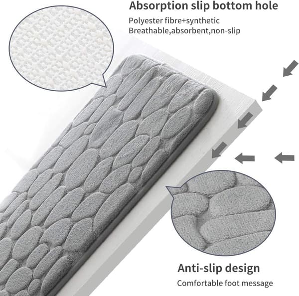 [BQ] Baderomsmatte i Memory Foam, steinmønstret, superabsorberende, maskinvaskbar, 50 x 80 cm, lysegrå