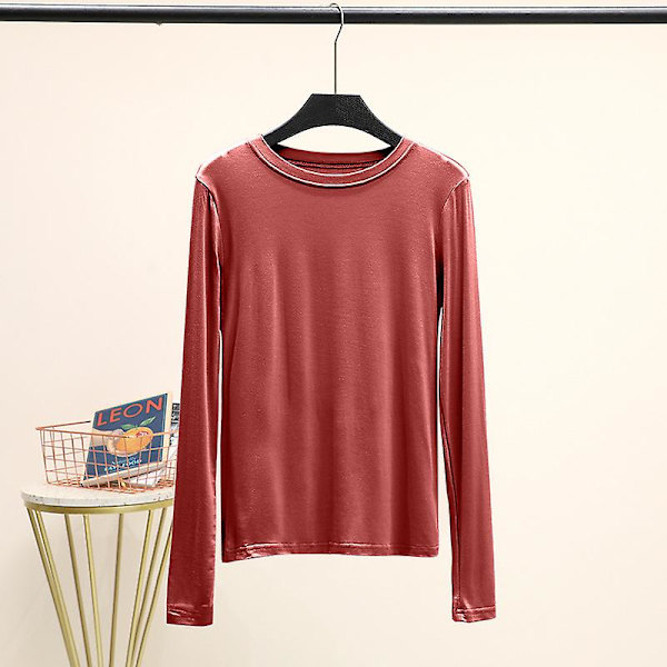 Basic T-shirt O-hals långärmad Kvinnor Höst Bottoming Tee Tops All Match Tee Shirt Plus Size Undershirt M tegel M brick