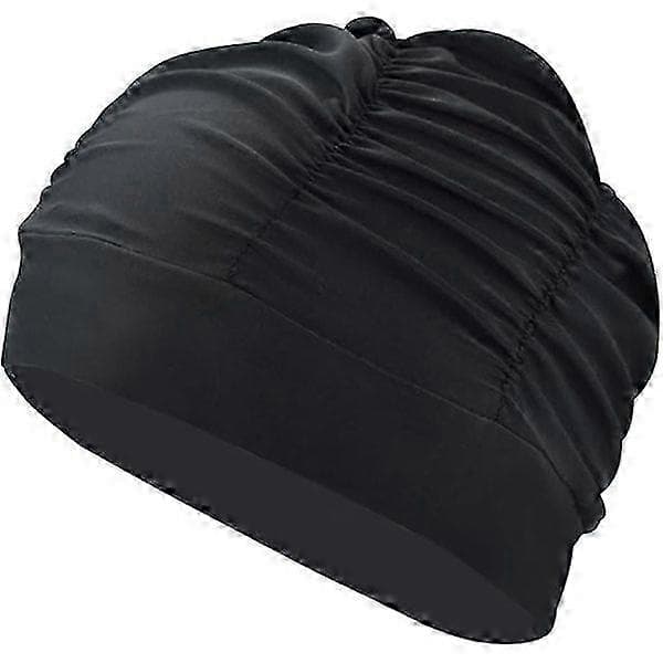 Plisserad badmössa för kvinnor, långt hår, elastisk badmössa, strandsurfing, duschmössa (svart)
