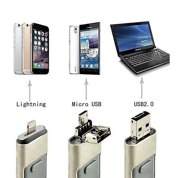 3 i 1 USB Flash Drive Utvidelse Memory Stick Otg Pendrive For Iphone Ipad Android Pc Silver 128 GB
