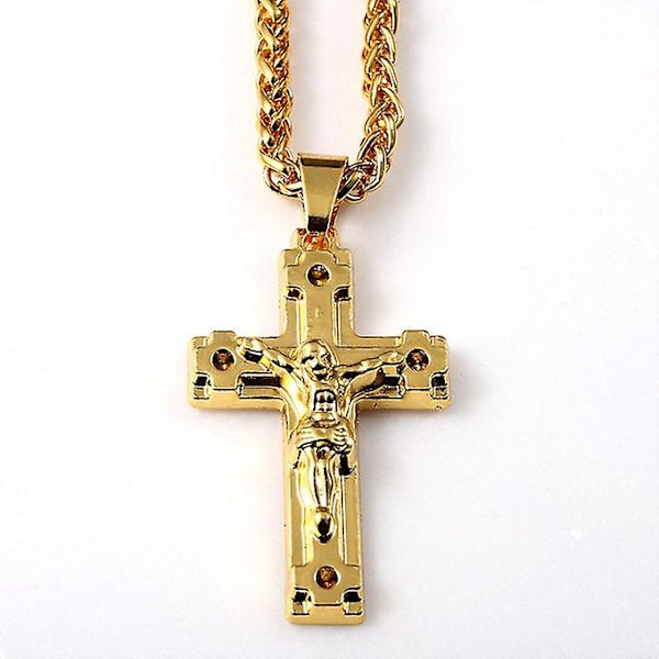 Herr 14k guldpläterad High Fashion Cross "012" hänge 5 mm 24" tum Figaro Chain