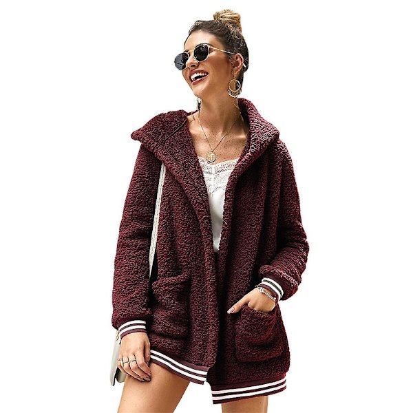 Dame oversize fleece plysjakke Langærmet cardigan Outwear Teddy-jakke Red L
