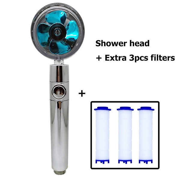 Nytt propellerduschhuvud Högtrycksvattenbesparande överladdat turboduschhuvud med fläktfilter Regnbaddusch Blue and filters