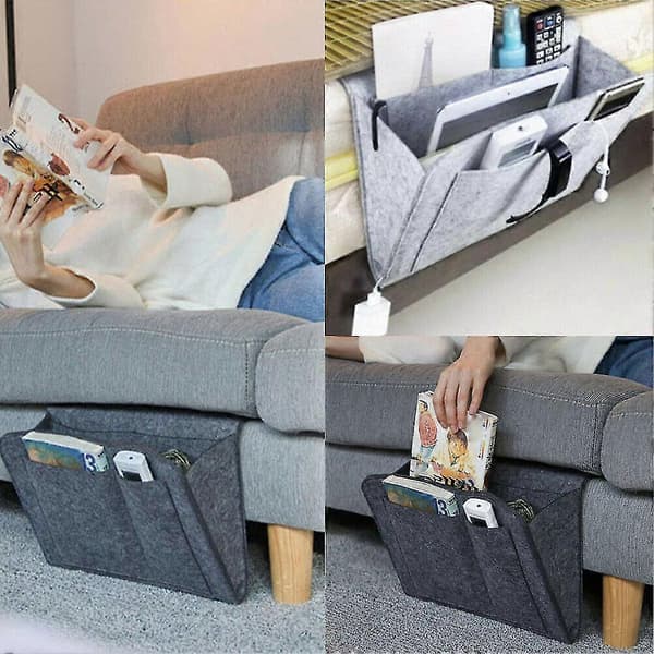 【BQ】Felt Bedside Caddy with Pockets Bed Sofa Desk Hanging Storage Organizer for Phone Magazine-FF- Light Gray