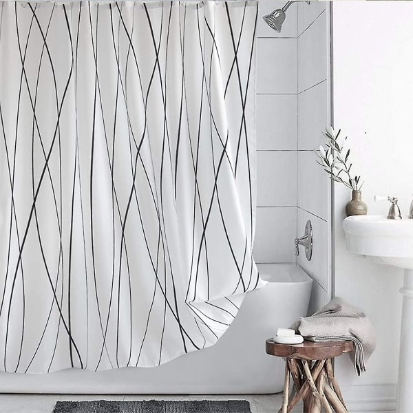 Svart og hvit stripet vanntett dusjforheng i polyester, kan maskinvaskes, med 12 kroker (70,8' X 70,8')