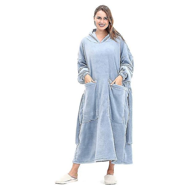 Bärbar filt med ärmar. Mjuk och varm för soffälskare med elastiska manschetter, kardborrefäste för vuxna Light blue