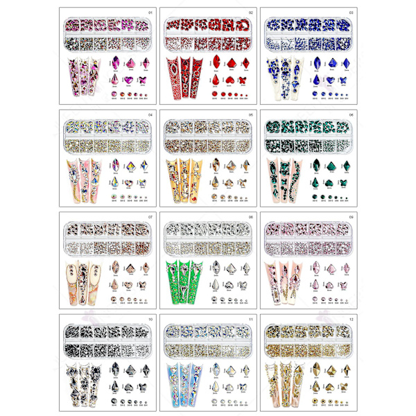3d Glitter Nail Art Ab/färgglad Hotfix Rhinestones Flatback Crystal Diamond Gems Multi Size12 Gird Style 8