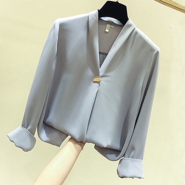 Efterår Kvinder 2023 Modebluser Solid Plus Size Kvindetøj Løs skjorte Langærmet bluse med V-hals Enkel Ol Feminin Sky blue Size Info