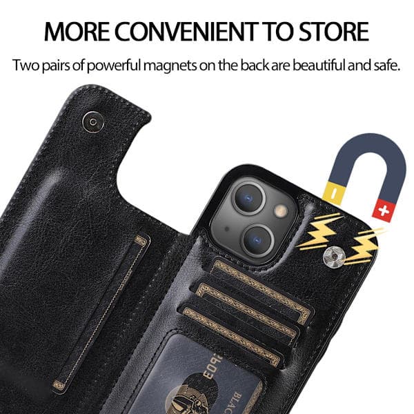 【BQ】iPhone 13 Wallet Case Black, Leather Card Holder Mobile Phone Case with Stand Shockproof SkBQd