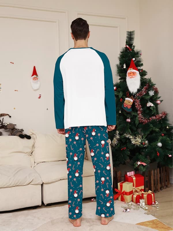 【BQ】Julparpyjamas set Tomte \"Xmas\" tryck Raglanärm Blågrön Vit Nattkläder SD-589-Dad M