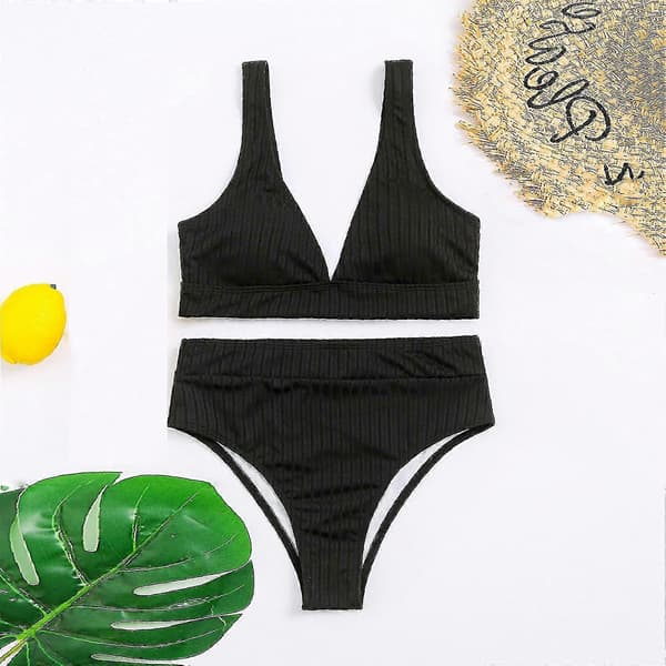 Kvinner mote bikini sett badedrakt todelt fylt solid badetøy strandklær Black S
