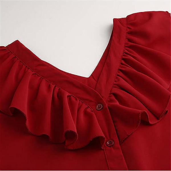 Blusar Skjortor Dam V-ringad volanger Chic Solid Flare Sleeve All-match Elegant enkelknäppt chiffong Koreansk stil Nytt mode red L