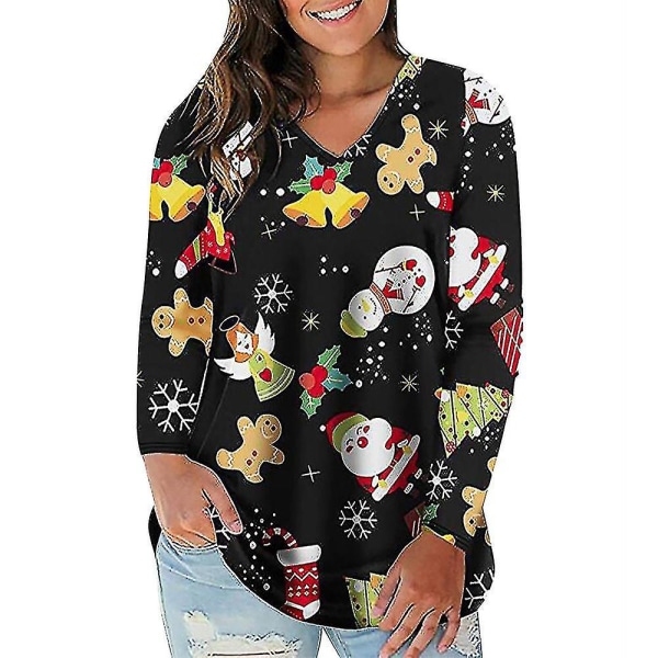 Hhcx-women Christmas Novelty Print T-shirt Jumper Xmas Blouse Tee Shirt Top Bells Santa Snowman 5XL