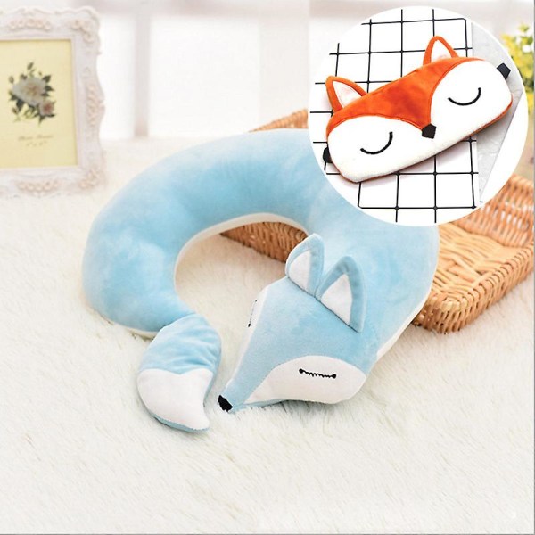 Animal Cotton Plush U Shape Neck Pillow Travel Car Home Pillow Nap Animal Pillow Health Care With Eye Mask Sky blue 30x30x8cm