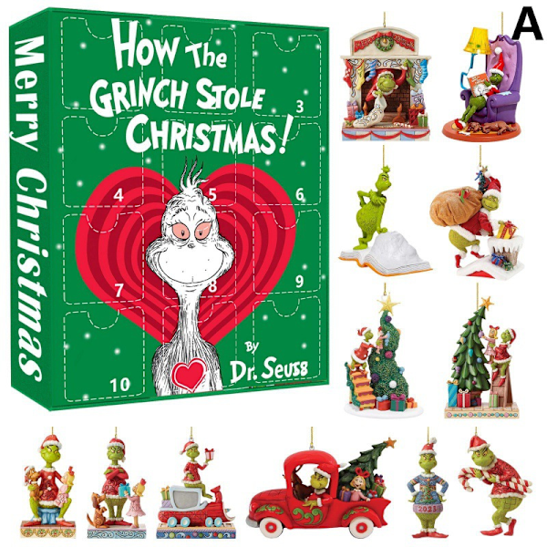 Juleteller 12 timer Grinch blindboks Grønn hårmonster juletre anhengsdekorasjoner MH-01