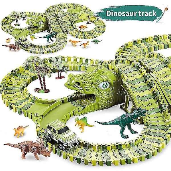 Hhcx Dinosaur Race Track Set Rail Car Less Assembly Bend Flex Racing Track Led Elektroninen Flash Light Autolelut lapsille 240pcs set