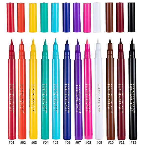 12 st Matte Regnbåge Färgglada Flytande Eyeliner Set, 12 färger Mjuk och Hyper Sharp Spets Borste Eyeliner, Vattentät High Pigmented Eyeliner Pen Set