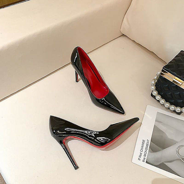 Comemore Kvinnor Red Sole Pumps Botten spetsad tå Svart Tunna Högklackade Skor