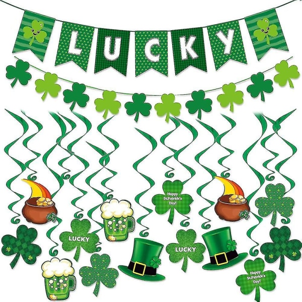 Patrick's Dayn juhlakoristepakkaus | 14 Pyhän Patrickin pyörteitä leikkauksilla, 1 "onnekas" banneri, 1 huopaa shamrock -banneri
