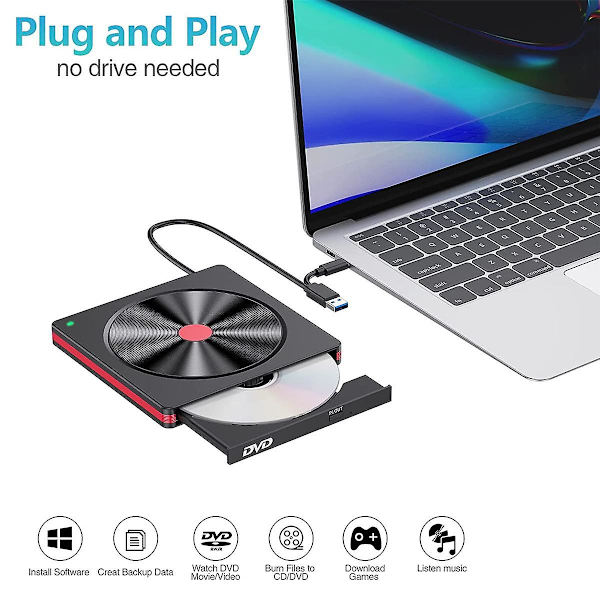 Extern CD/DVD-enhet, USB 3.0 DVD/CD-läsare/skrivare/brännare för bärbar dator, stationär dator, Windows 11/10/8 Black