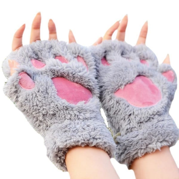 Den nya Söt katt kattunge tassar plysch fuskpäls fingerlösa handskar för flickor kvinnor (grå)