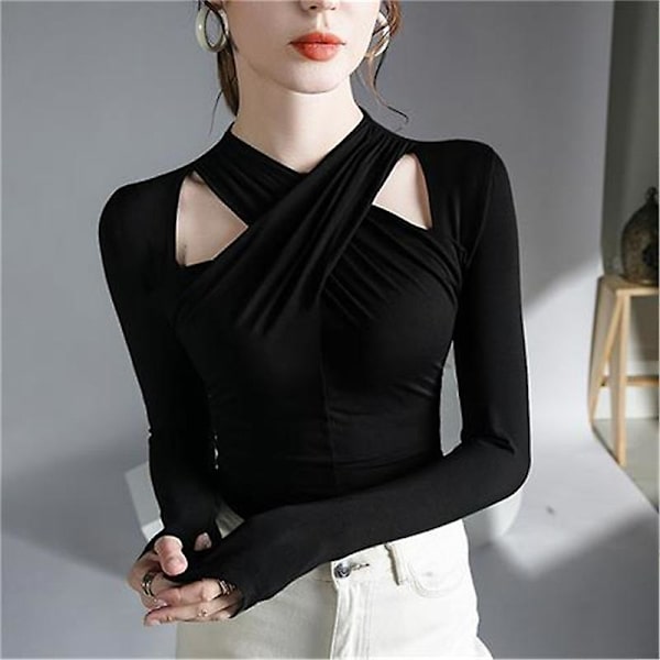 Höst Vinter Sexig Grimma Hollow Out Elegant Svart Kaffe Basic Damtopp Mode Långärmad Slim Fit T-shirt Damkläder L Svart L Black