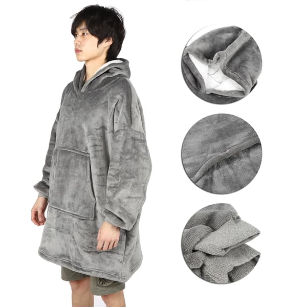 Oversized Fleecepledd-hettegenser med lomme, varm flanell, one size, grå