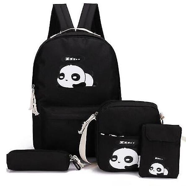 Slitstark 4 delar/ set söta kvinnors flicka Panda Print Shoulder Skolväska Black