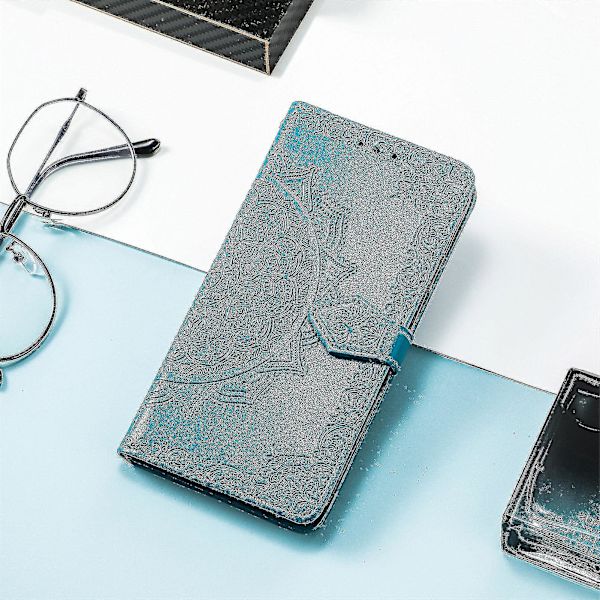 Samsung Galaxy A03s Case Läder Cover Emboss Mandala Magnetic Flip Protection Stötsäker - Blå