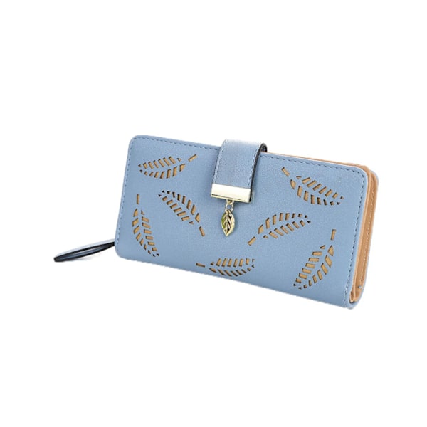 Kvinnors långa blad Bifold Plånbok Läder Dragkedja Elegant Clutch-Blå